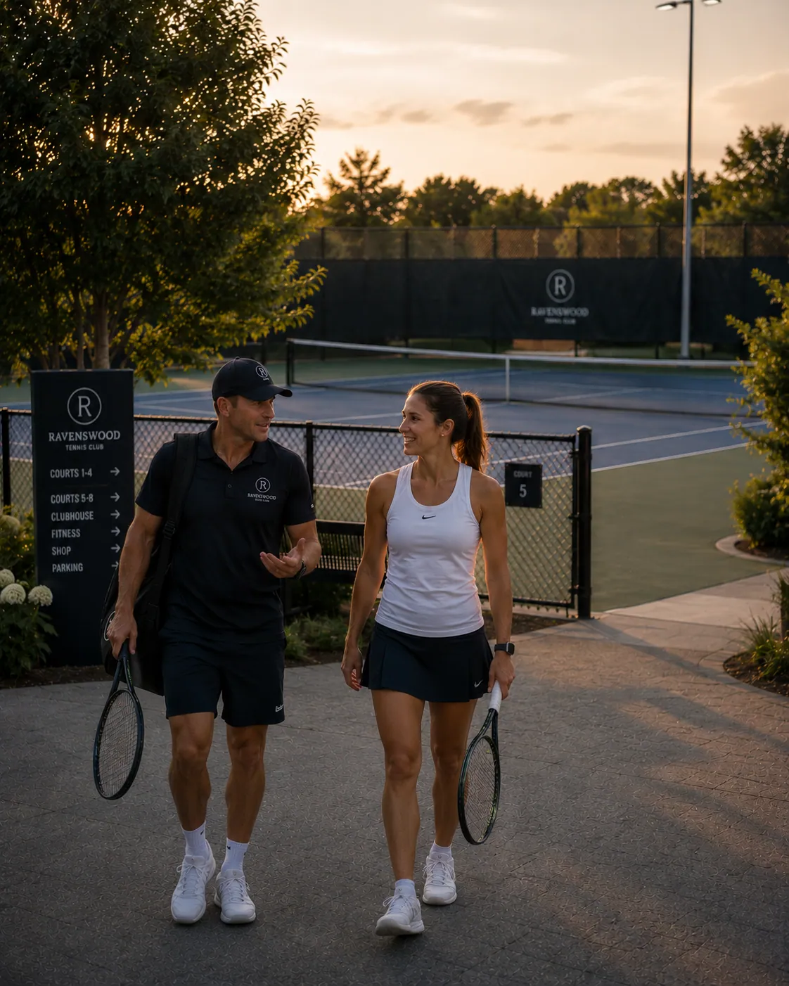 A tennis coach packing up after a session, racquet bag over shoulder, walking away from the court at end of day with a student visible heading the other direction, late afternoon transitioning into evening.