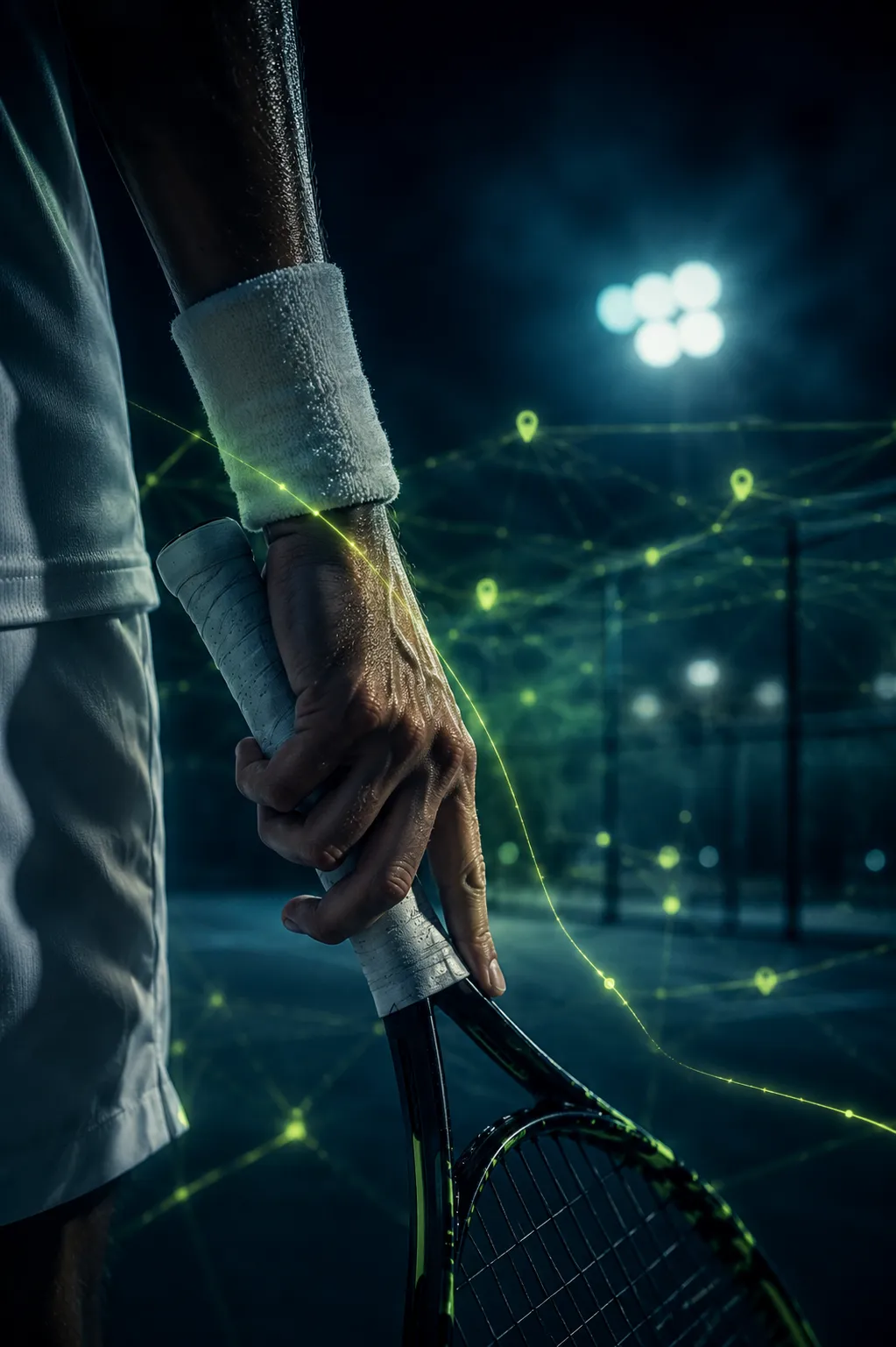 A hand gripping a tennis racquet at night under floodlights, fingers wrapped over the grip, a green verified-network glow tracing across the frame.