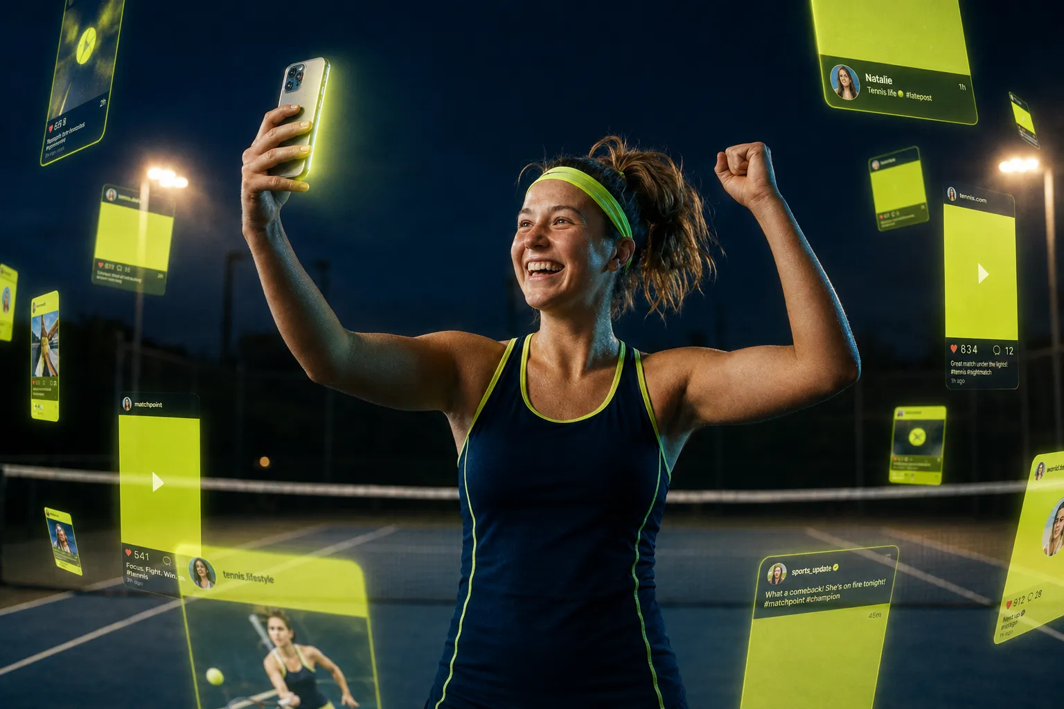 Eine Spielerin auf einem flutlichtbeleuchteten Nachtplatz reckt die Faust und macht ein Selfie, umgeben von leuchtenden lindgrünen App-Karten mit Spielerprofilen und Live-Statistiken.