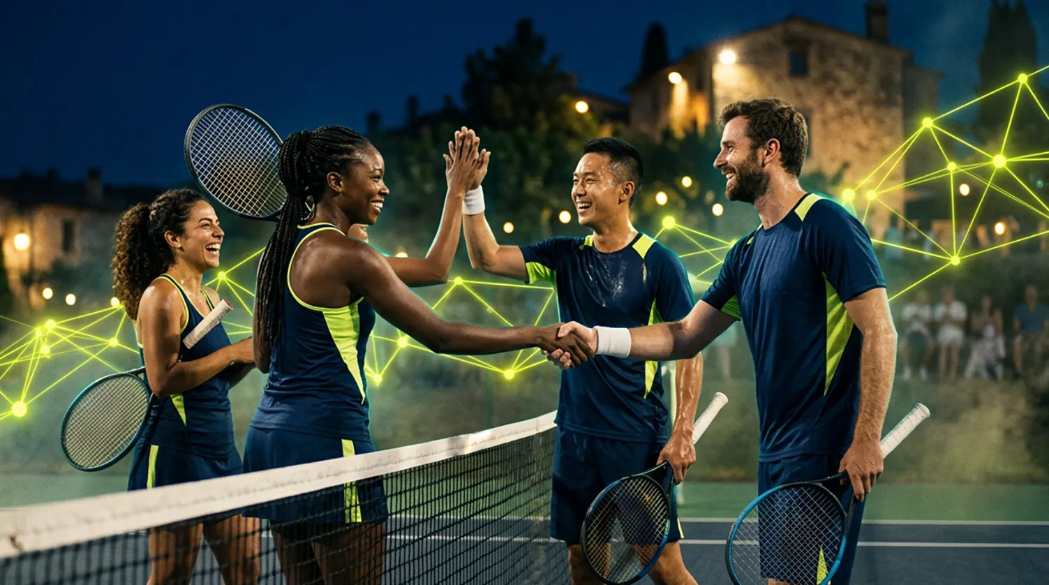 Zwei Tennisspieler treffen sich am Platzrand, das Telefon in der Hand, kurz vor einem über die App vereinbarten Match.