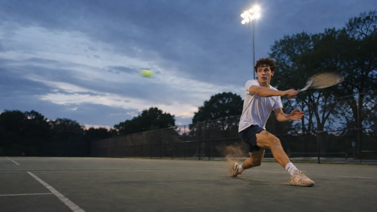 A floodlit outdoor tennis court at dusk, a single player mid-rally, blue hour sky behind.