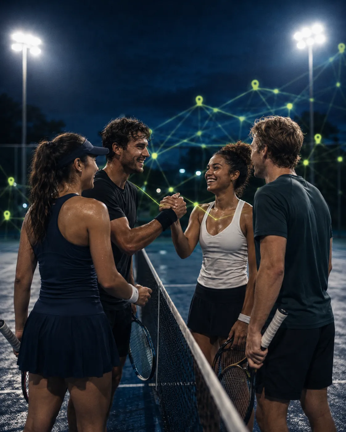 Four tennis players meeting at the net under floodlights at night, two shaking hands across the net, all smiling, a green verified-network glow threading across the court.