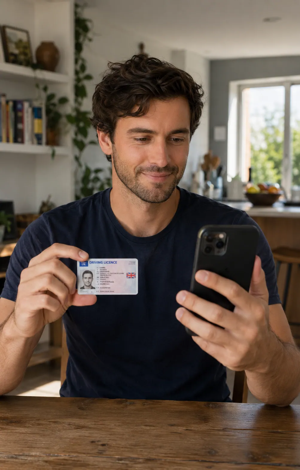 A person sitting at a kitchen table holding a government ID card in one hand at chest level and a phone in the other hand pointed at themselves, mid-verification. Calm expression. Real home interior, soft mid-morning daylight from a window off-camera.
