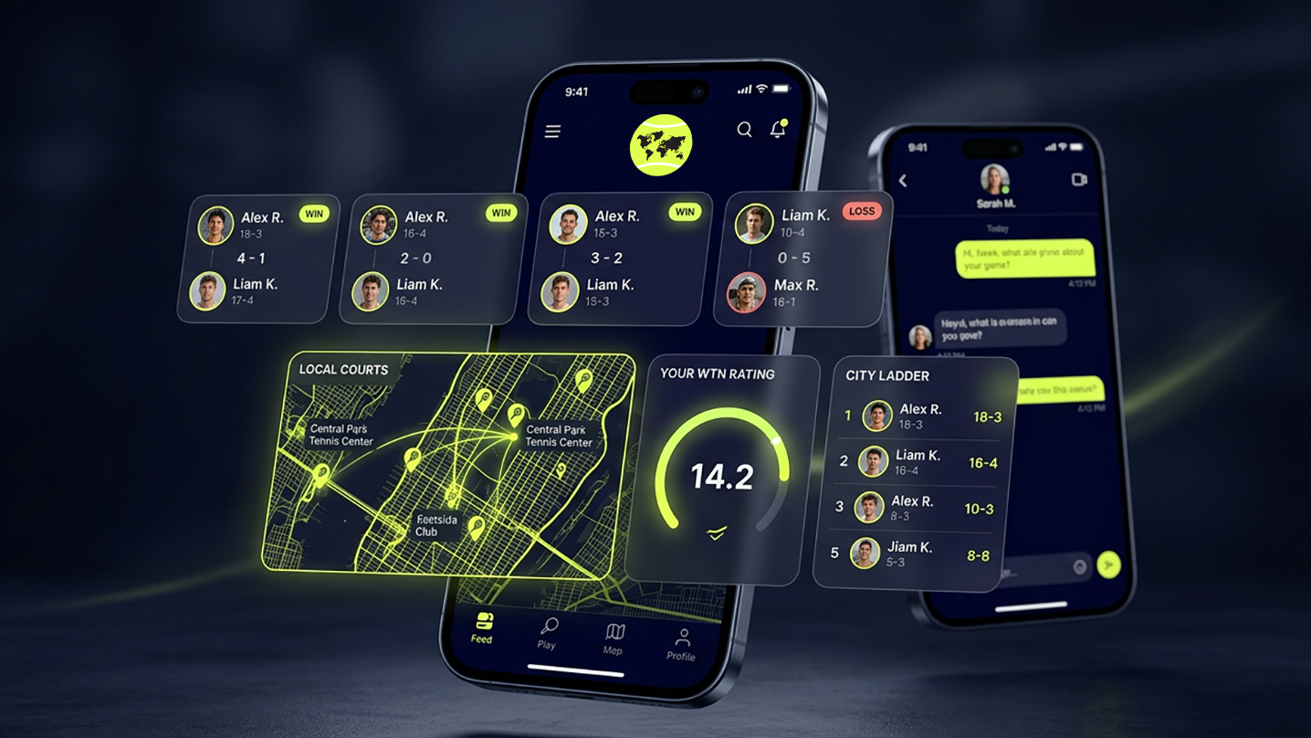 Die WorldTennis.app-App — Match-Feed, Karte mit Spielern in der Nähe, Live-Skill-Rating und In-App-Chat.